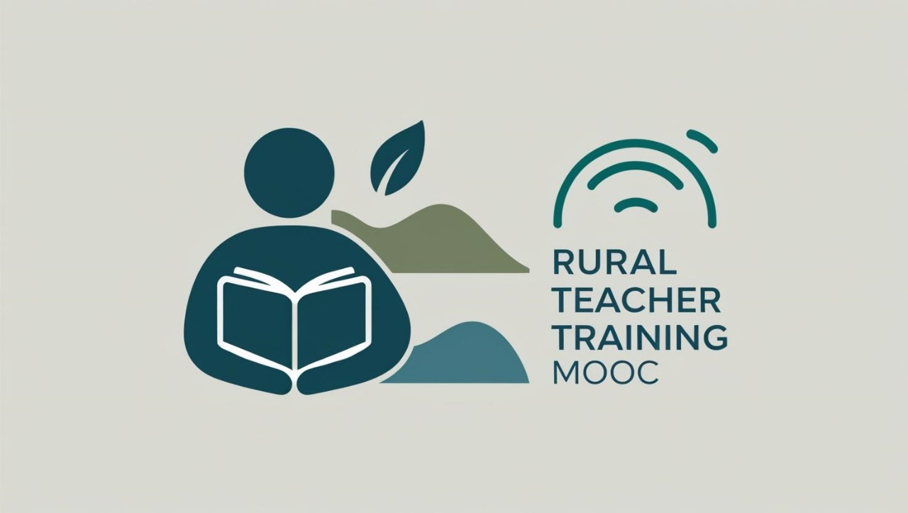 La imagen muestra el logotipo del curso “Rural Teacher Training MOOC”. En el lado izquierdo, hay una figura humana simplificada de color verde oscuro, sentada y sosteniendo un libro abierto, lo que simboliza el aprendizaje y la educación. Detrás de la figura, se aprecian dos formas onduladas que representan colinas o montañas, junto a una hoja, evocando un entorno natural y rural. A la derecha, aparece el texto “RURAL TEACHER TRAINING MOOC” en letras mayúsculas, acompañado de un símbolo de ondas curvas que sugiere conectividad digital o acceso a internet. El diseño utiliza tonos verdes y azules, transmitiendo una sensación de naturaleza, tecnología y formación educativa en contextos rurales